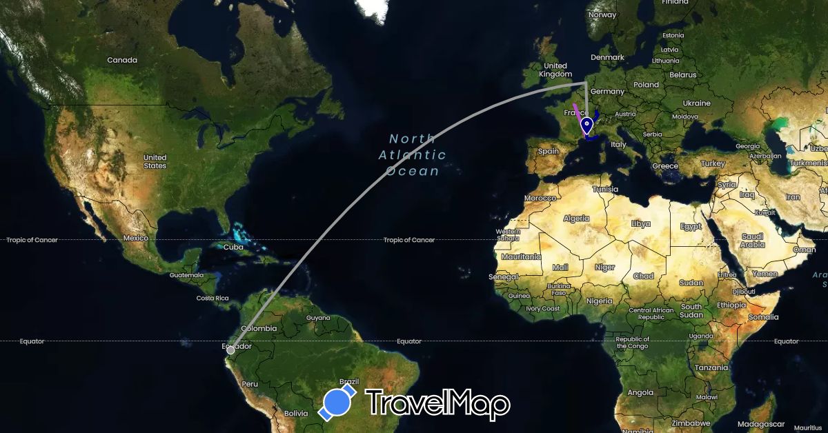 TravelMap itinerary: driving, plane, train, hiking in Switzerland, Germany, Ecuador, France, Italy, Monaco, Netherlands (Europe, South America)